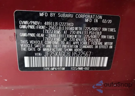 2020 Subaru Forester Premium из США, поврежденный, VIN JF2SKAGC8LH522567